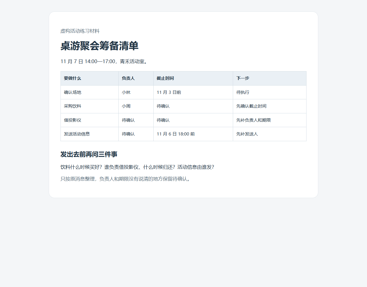 活动想法整理成负责人期限和下一步清楚的一页任务表